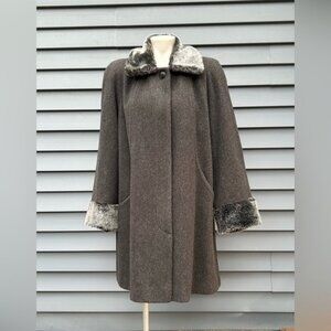 Vintage Alorna Dark Grey Wool Faux Fur Trim Mid Length Coat~XL~USA
